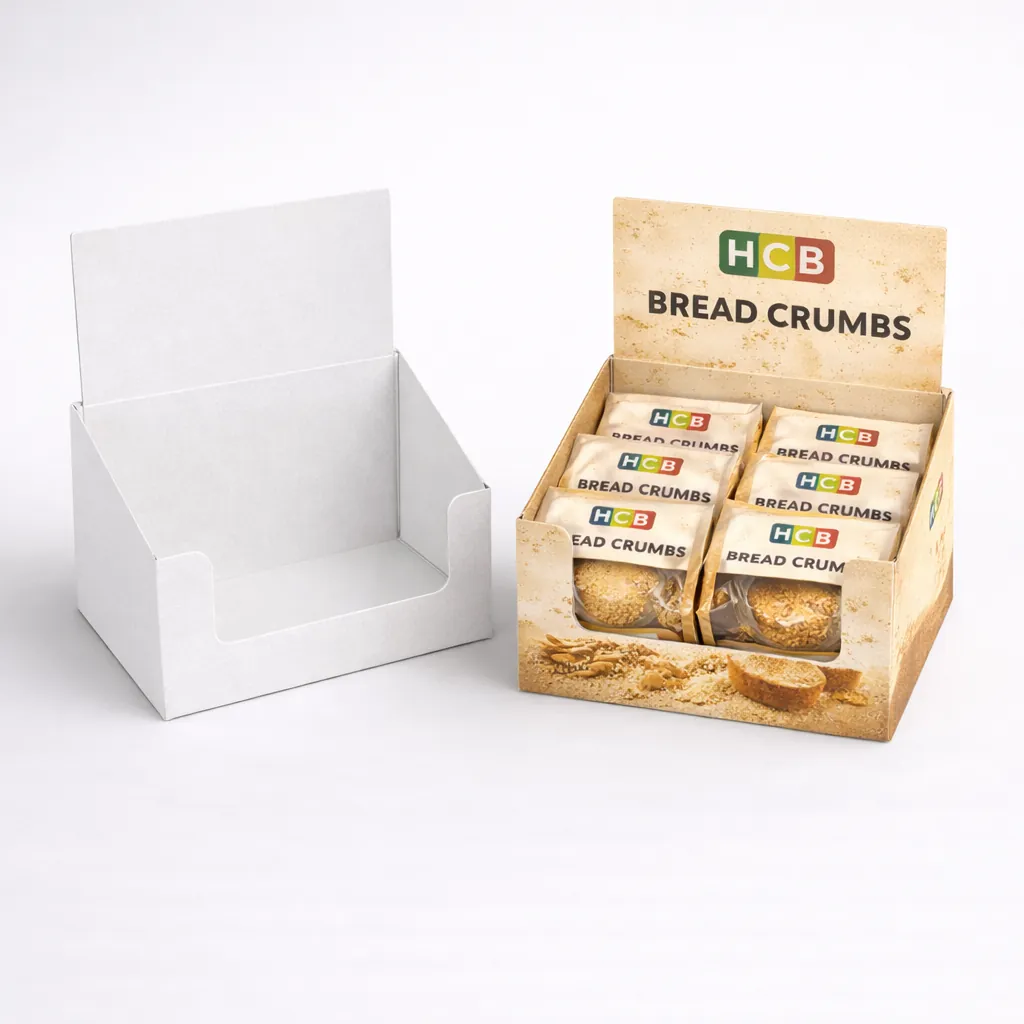 A white cardboard counter display unit next to a branded version filled with individual breadcrumb sachets. class=